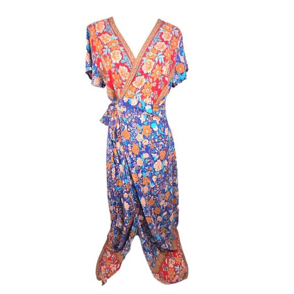 NWT PrettyGarden Blue Red Floral Wrap Boho Gypsy Maxi Dress - Picture 2 of 13